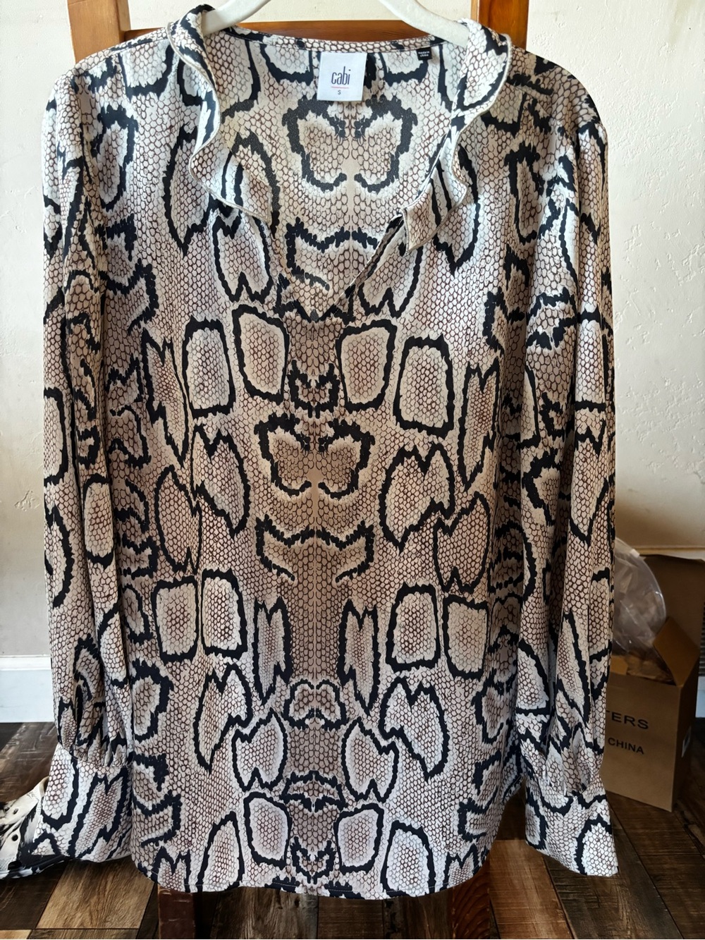 CAbi Snake-Print Button Down Blouse in Black and Cream